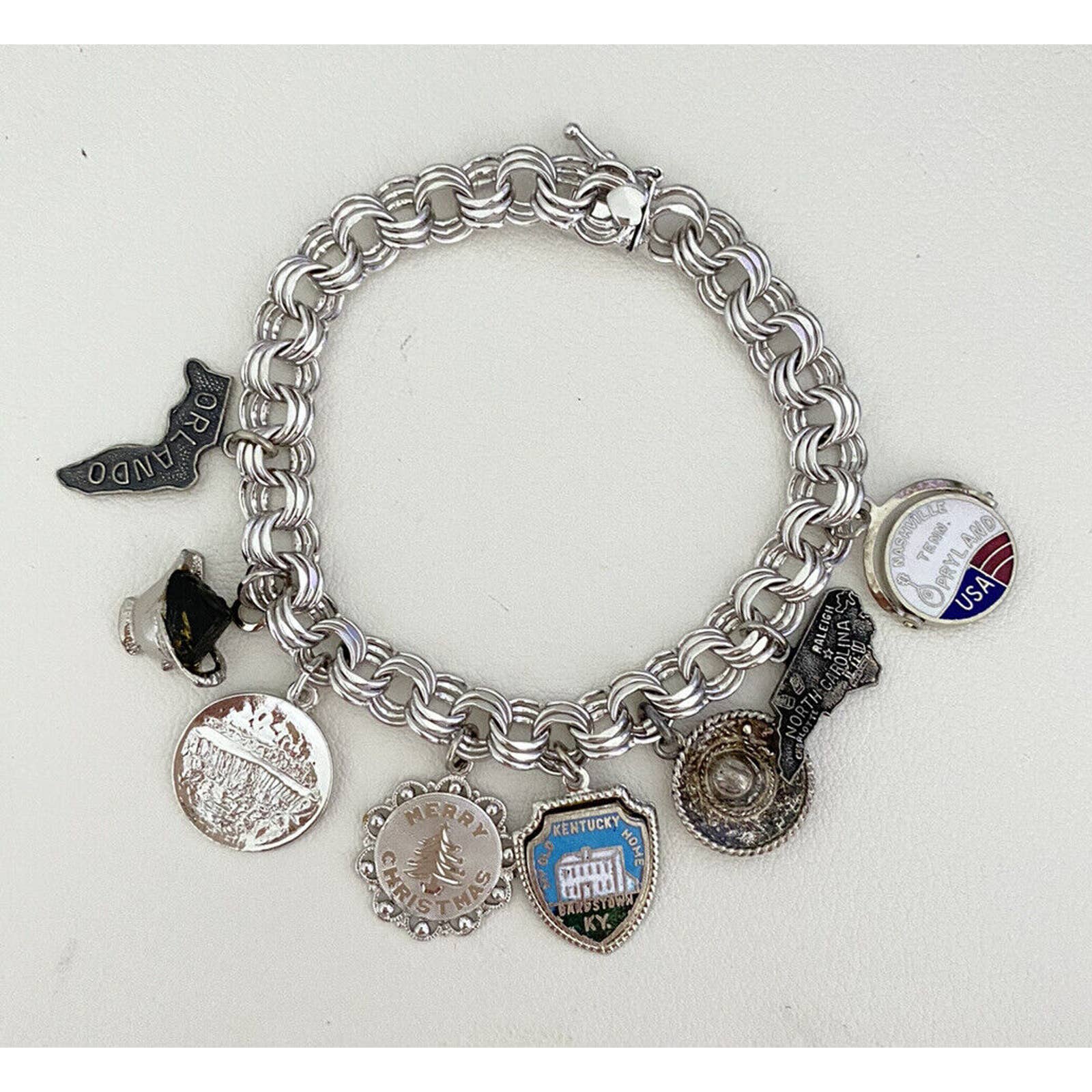 Vintage Forstner Sterling Silver States Charm Bracelet W/8 Charms